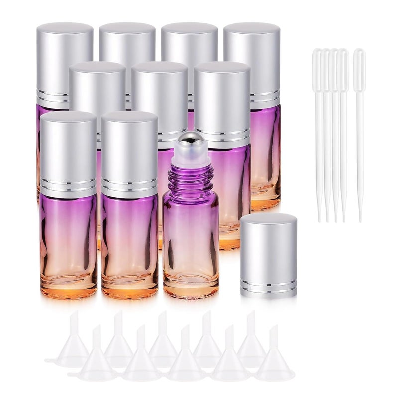 JIUWU 10 Pack 5ml Essential Oil Roller Bottles PurpleOrange Gradient Roller Bottles with Stainless Steel Roller Balls and Silver Cap 5 Droppers 10 Funnels 1 Tool